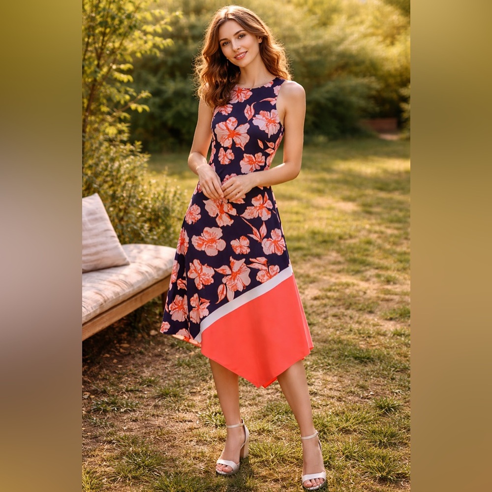 Never worn Floral Sleeveless Midi Dress in Navy and Coral (STILL WITH PRICE TAG!